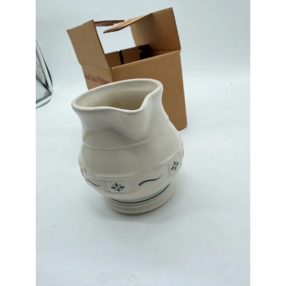 Longaberger Pottery Heritage Green Small Juice Pitcher Cream Ceramic Stoneware